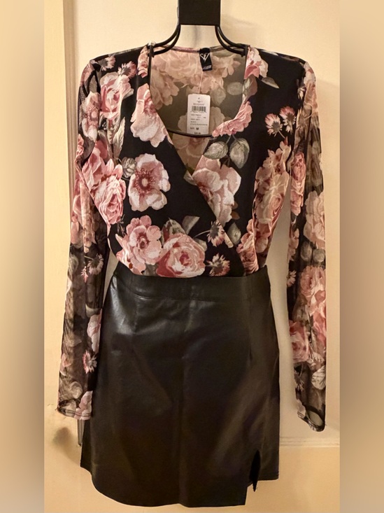 Windsor Tops - Black Floral Wrap-Front Long-Sleeve Bodysuit